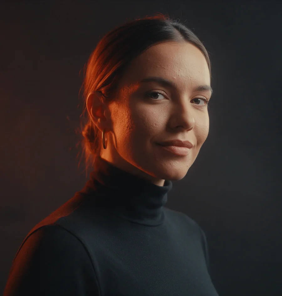 Creadora de contenido en un estudio oscuro, iluminada por una luz cálida